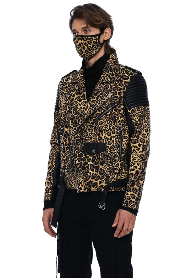 JONNY COTA MENS OUTERWEAR DENIM AND LEATHER BIKER JACKET IN LEOPARD