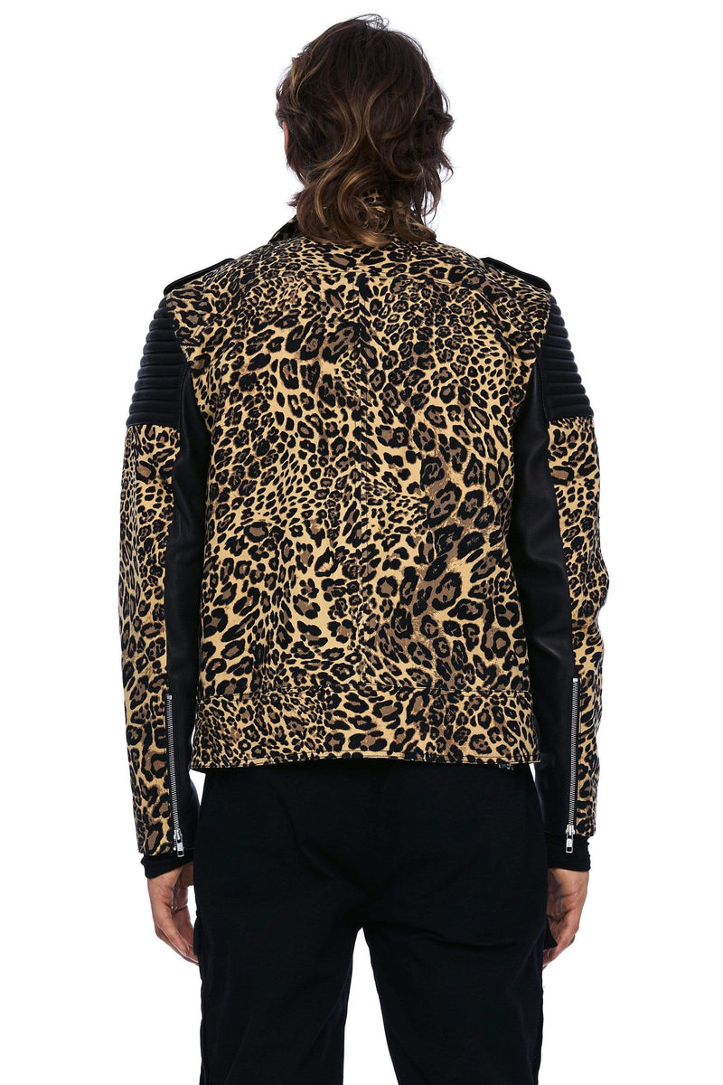 JONNY COTA MENS OUTERWEAR DENIM AND LEATHER BIKER JACKET IN LEOPARD