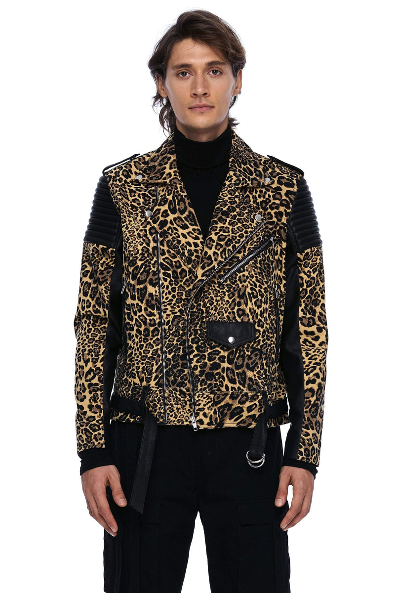 JONNY COTA MENS OUTERWEAR DENIM AND LEATHER BIKER JACKET IN LEOPARD