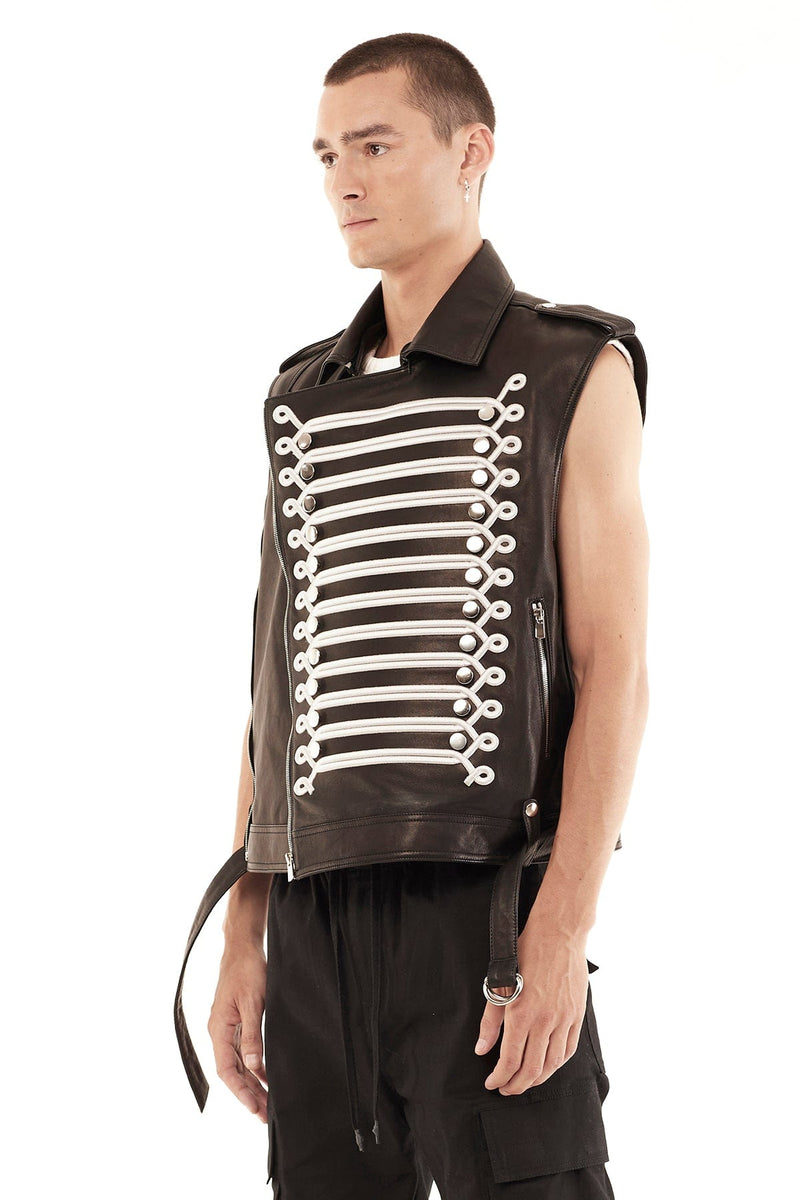 JONNY COTA mens-outerwear LEATHER MARCHING BAND VEST IN SILVER EMBROIDERY