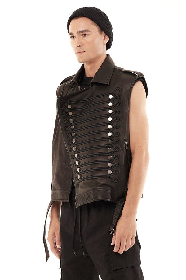 JONNY COTA mens-outerwear S LEATHER MARCHING BAND VEST IN BLACK EMBROIDERY