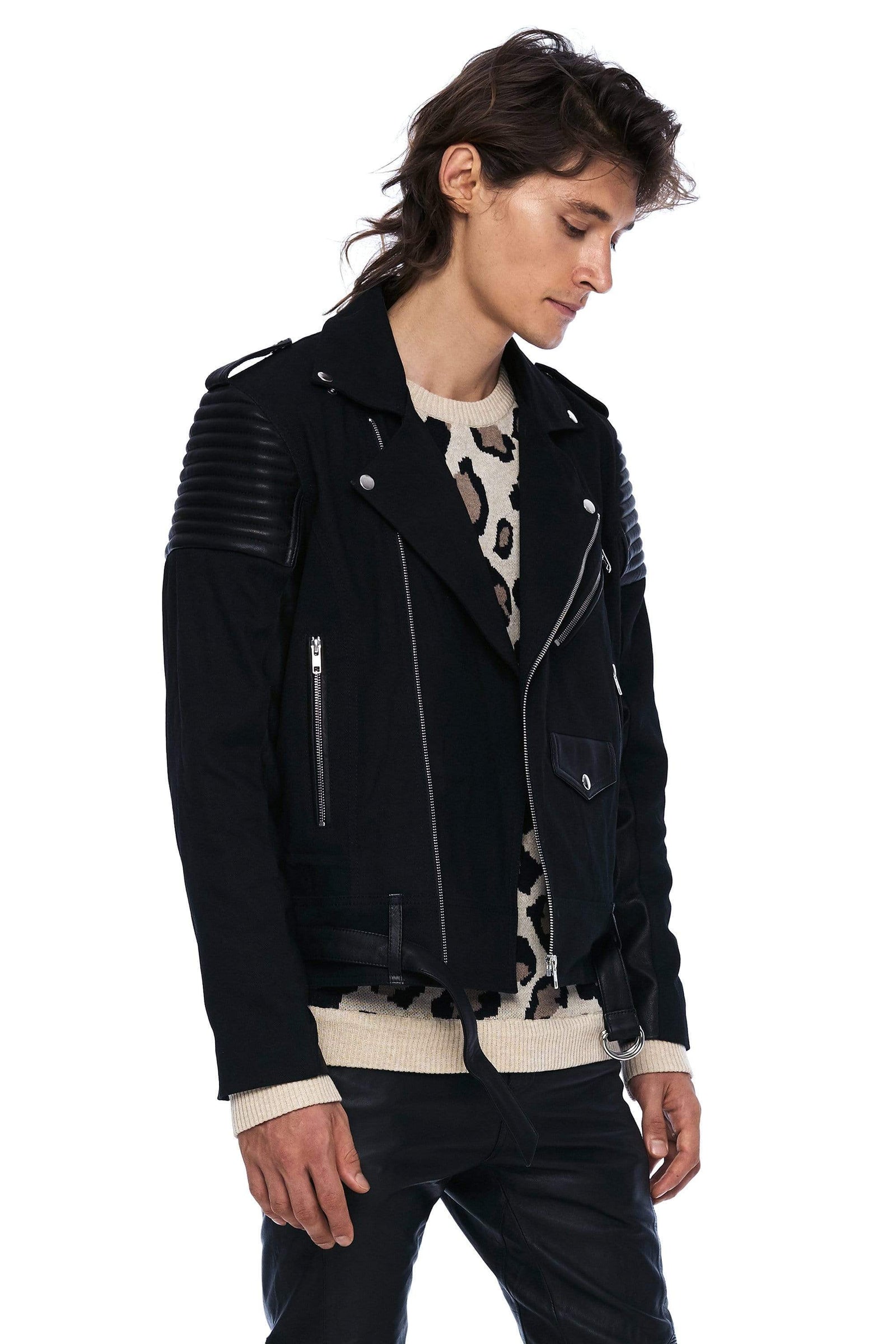 Black denim biker jacket mens deals