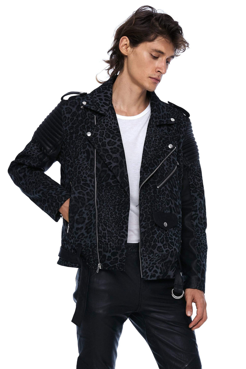 JONNY COTA MENS OUTERWEAR XS / GREY LEOPARD DENIM AND LEATHER BIKER JACKET IN GREY LEOPARD