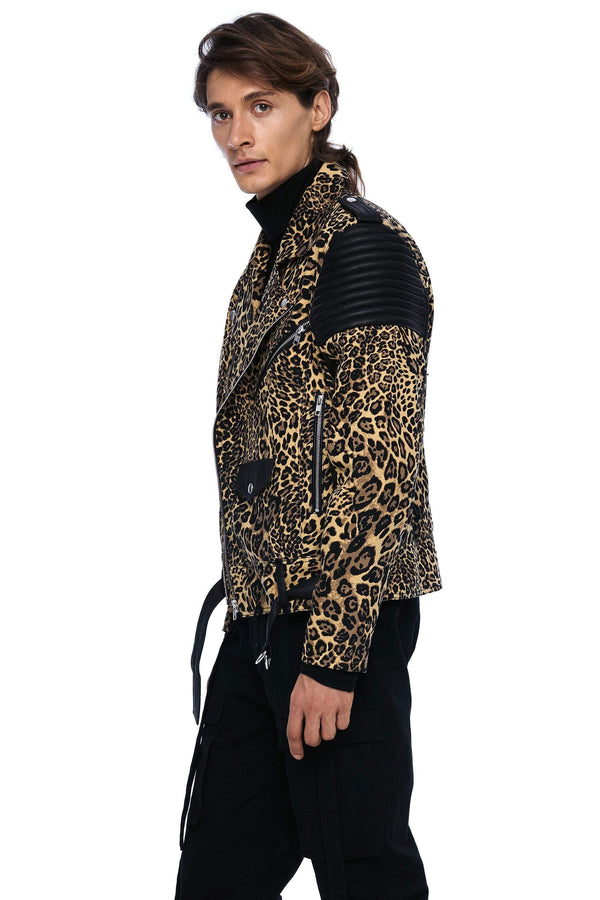 JONNY COTA MENS OUTERWEAR XS / LEOPARD DENIM AND LEATHER BIKER JACKET IN LEOPARD