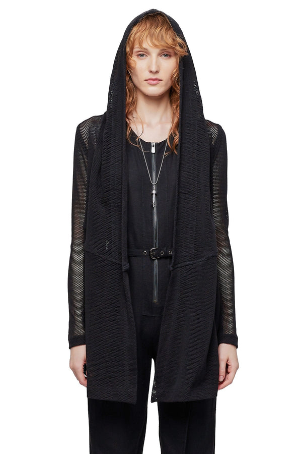 JONNY COTA MESH DRAPED HOODIE IN BLACK