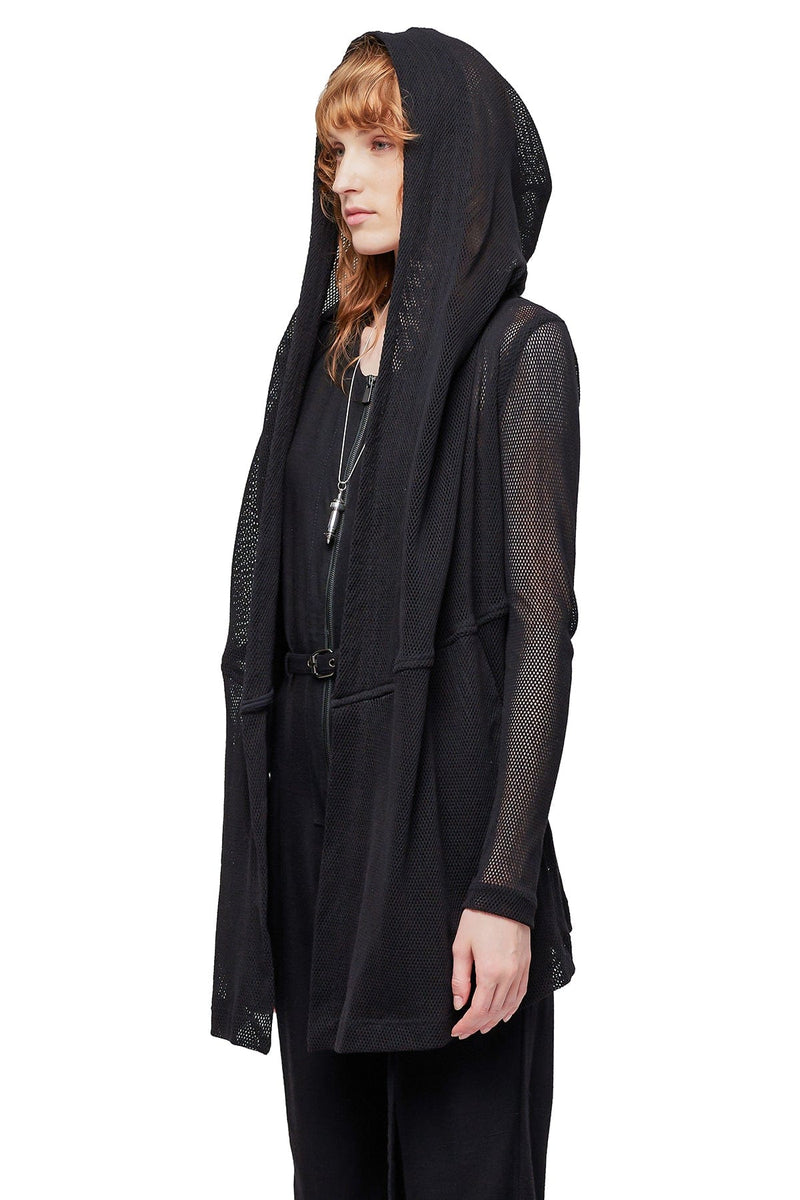 JONNY COTA MESH DRAPED HOODIE IN BLACK