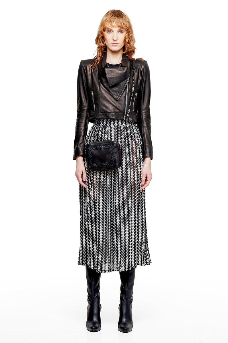 JONNY COTA PLEATED SHEER SKIRT WITH CHAINS PRINT IN BLACK AND BONE