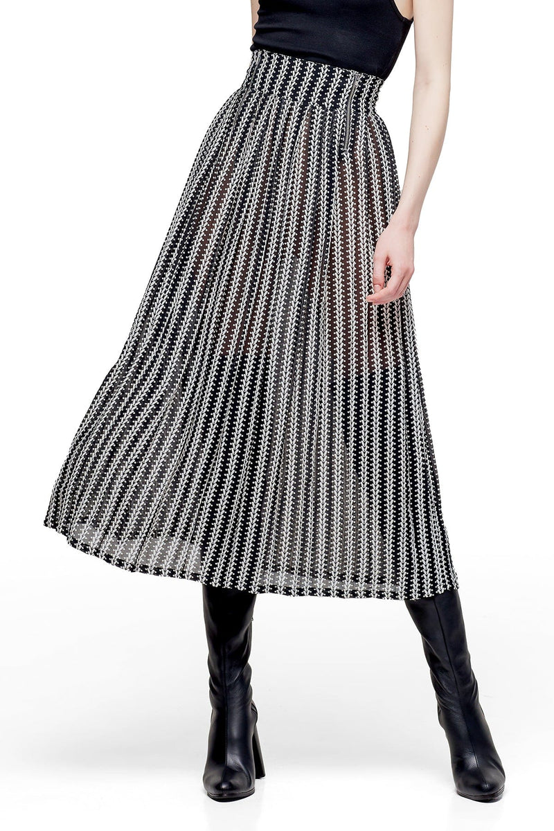 JONNY COTA PLEATED SHEER SKIRT WITH CHAINS PRINT IN BLACK AND BONE