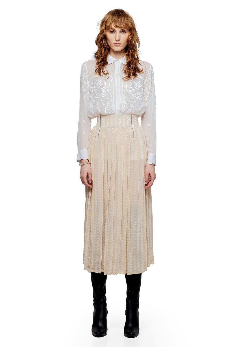 JONNY COTA PLEATED SHEER SKIRT WITH CHAINS PRINT IN BONE AND RFD