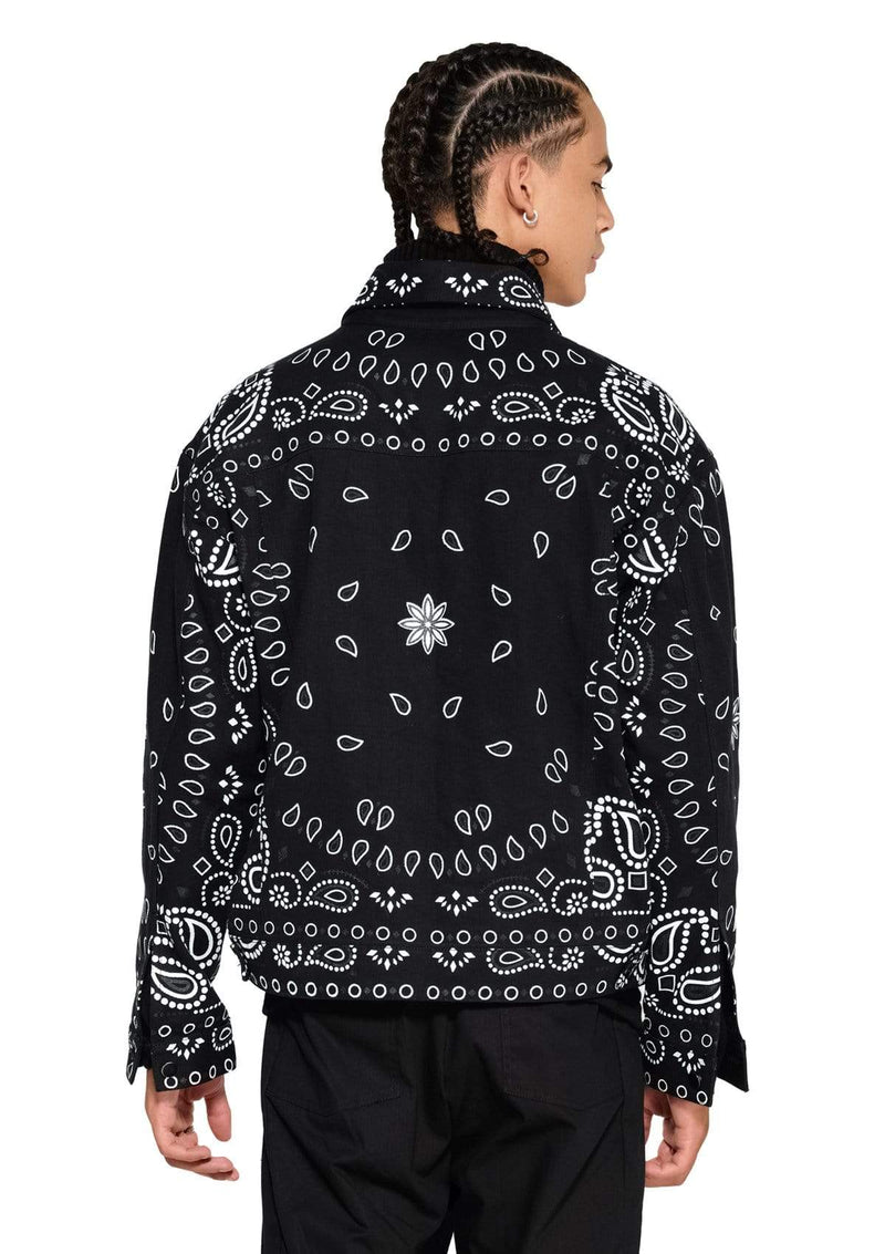 PRINTED DENIM JACKET IN BLACK BANDANA