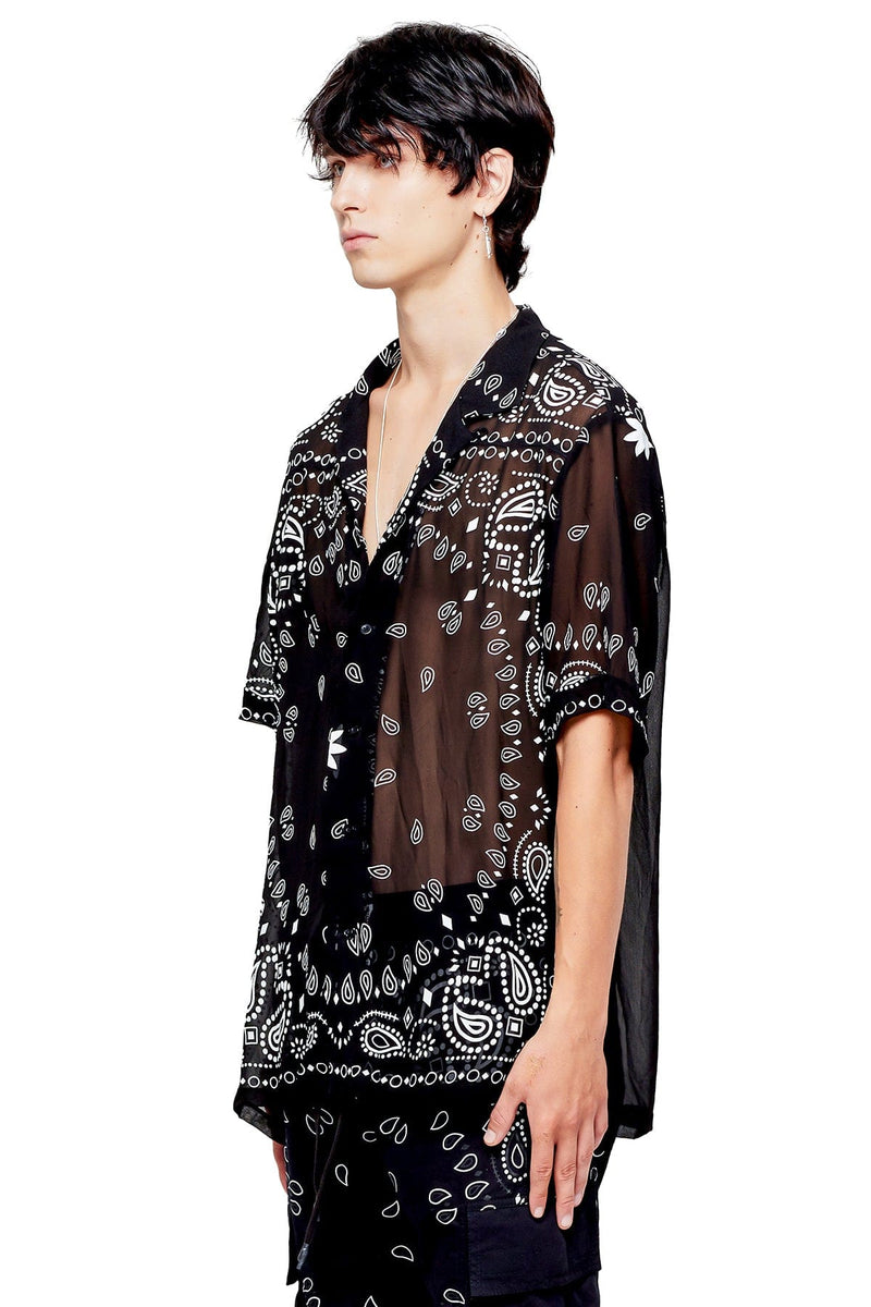 JONNY COTA SHEER BANDANA BUTTON UP PARTY SHIRT IN BLACK