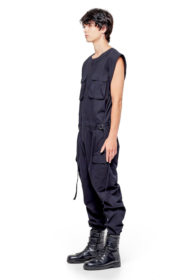 JONNY COTA SLEEVELESS CANVAS JUMPSUIT IN BLACK