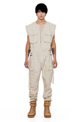 JONNY COTA SLEEVELESS CANVAS JUMPSUIT IN BONE