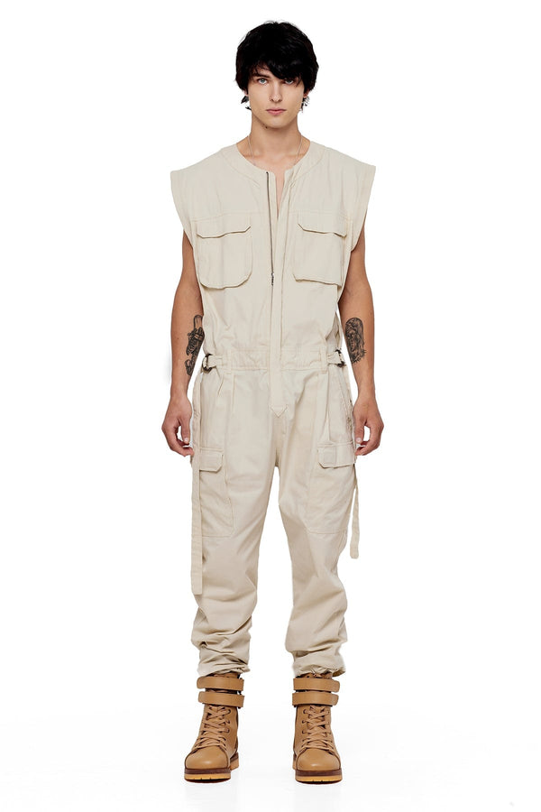 JONNY COTA SLEEVELESS CANVAS JUMPSUIT IN BONE