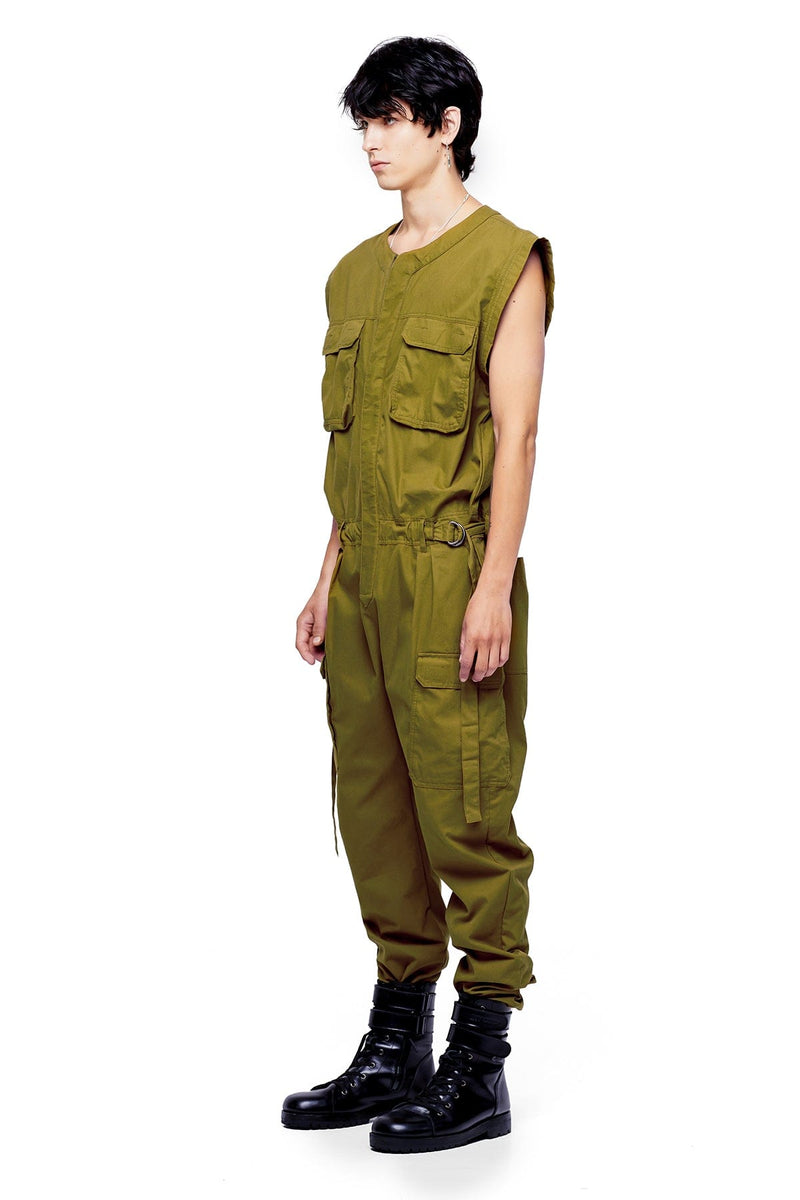 JONNY COTA SLEEVELESS CANVAS JUMPSUIT IN OLIVE