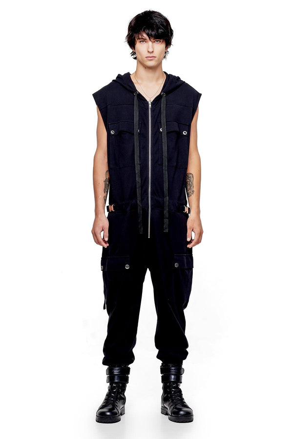 JONNY COTA SLEEVELESS HOODIE JUMPSUIT IN BLACK