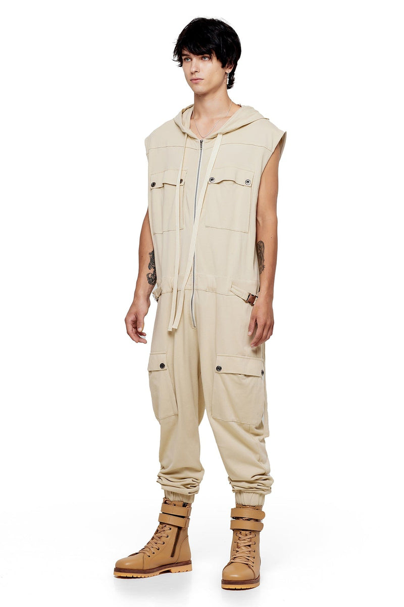 JONNY COTA SLEEVELESS HOODIE JUMPSUIT IN BONE