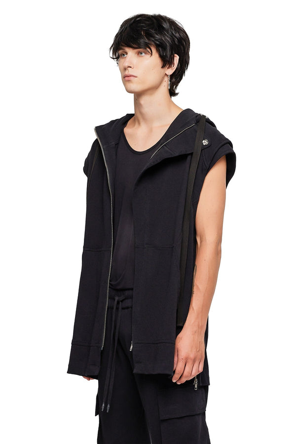 JONNY COTA SLEEVELESS LONG HOODIE  IN BLACK