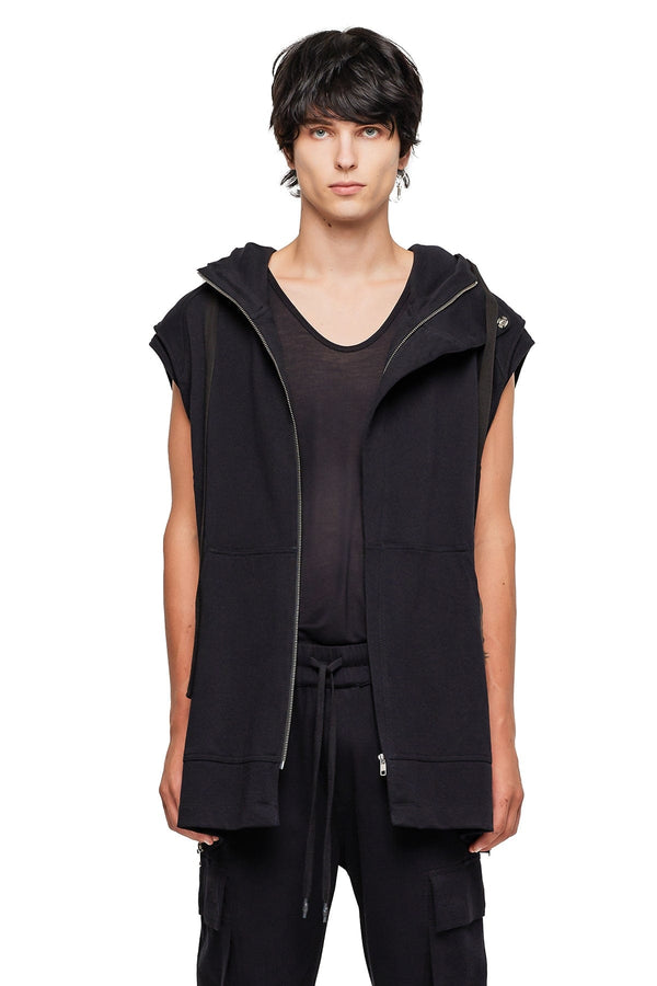 JONNY COTA SLEEVELESS LONG HOODIE  IN BLACK