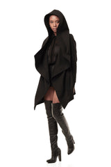 JONNY COTA WOMEN'S OUTERWEAR DRAPED HOOD COAT IN BLACK