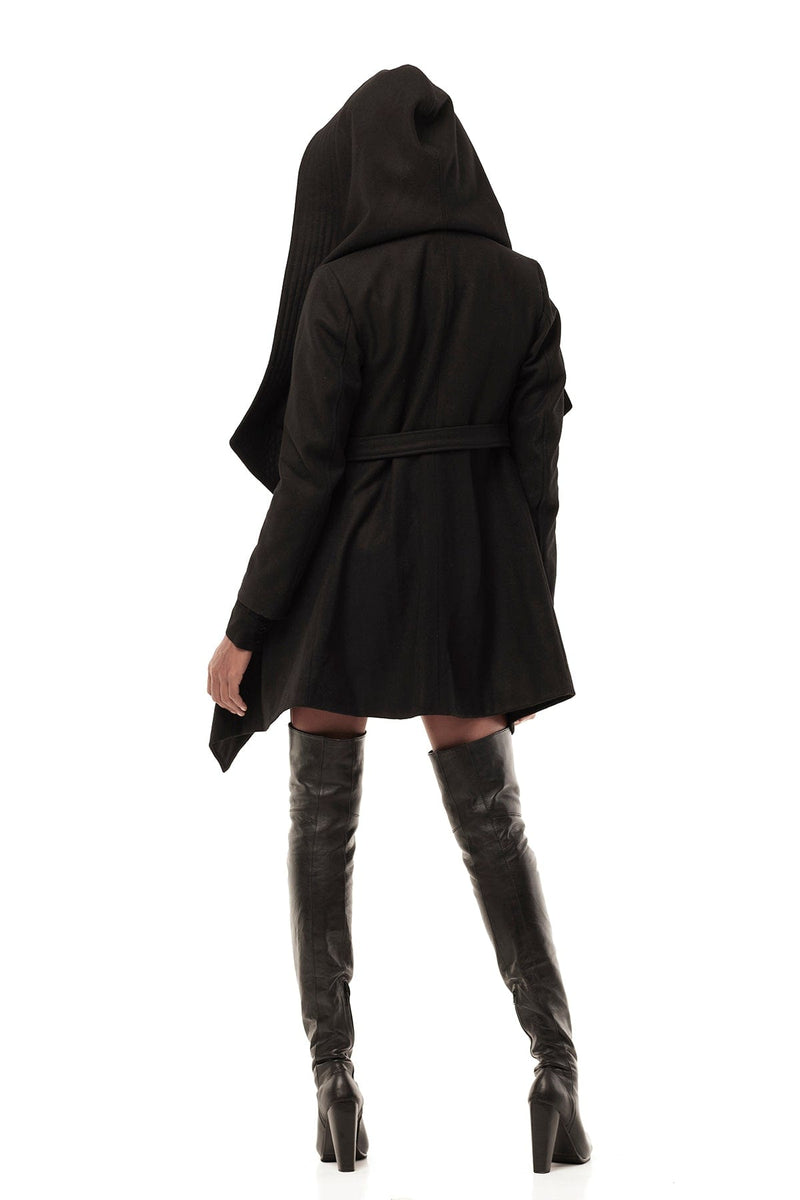 JONNY COTA WOMEN'S OUTERWEAR DRAPED HOOD COAT IN BLACK