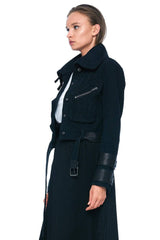 JONNY COTA WOMENS OUTERWEAR DENIM AND LEATHER BELTED MOTO JACKET IN BLACK