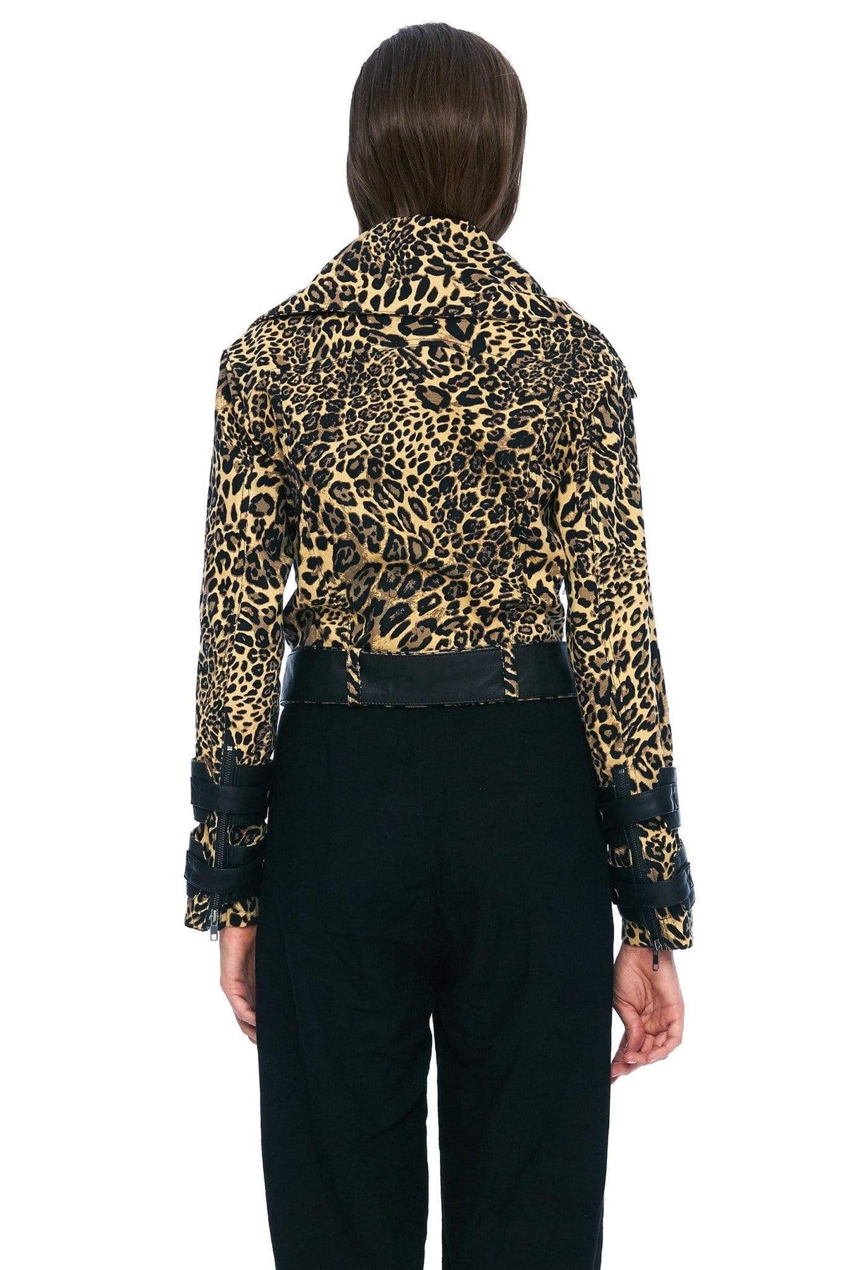 DENIM AND LEATHER BELTED MOTO JACKET IN LEOPARD – JONNY COTA