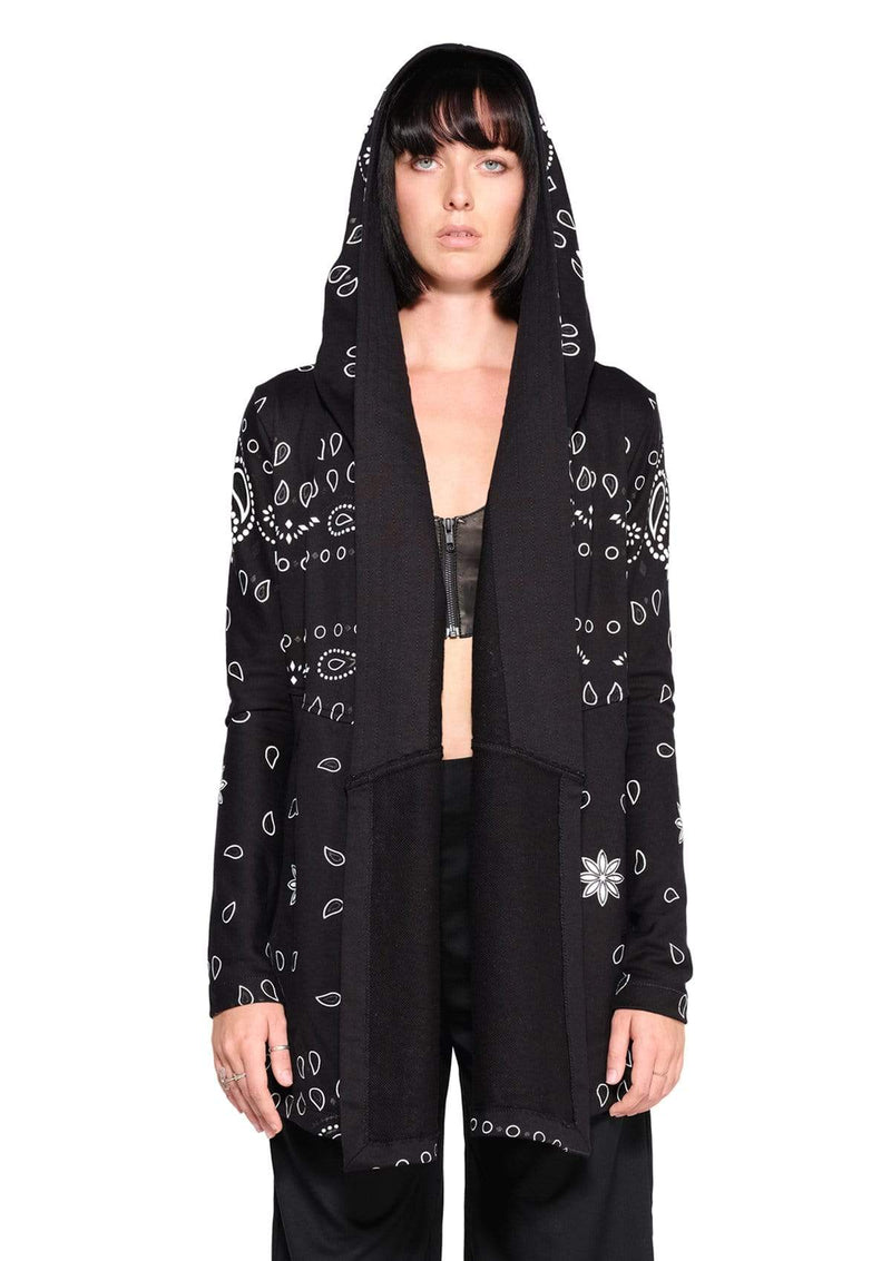 JONNY COTA WOMENS OUTERWEAR DRAPED HOODIE IN BLACK BANDANA