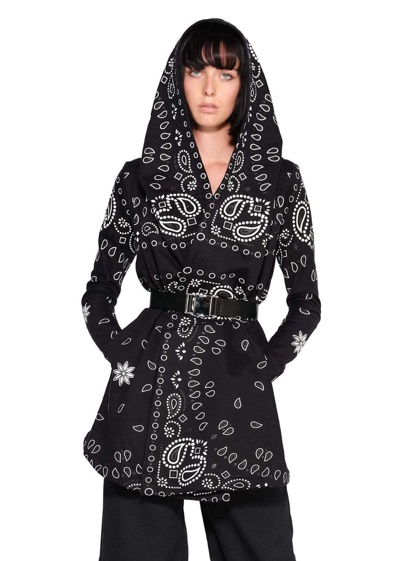 JONNY COTA WOMENS OUTERWEAR DRAPED HOODIE IN BLACK BANDANA