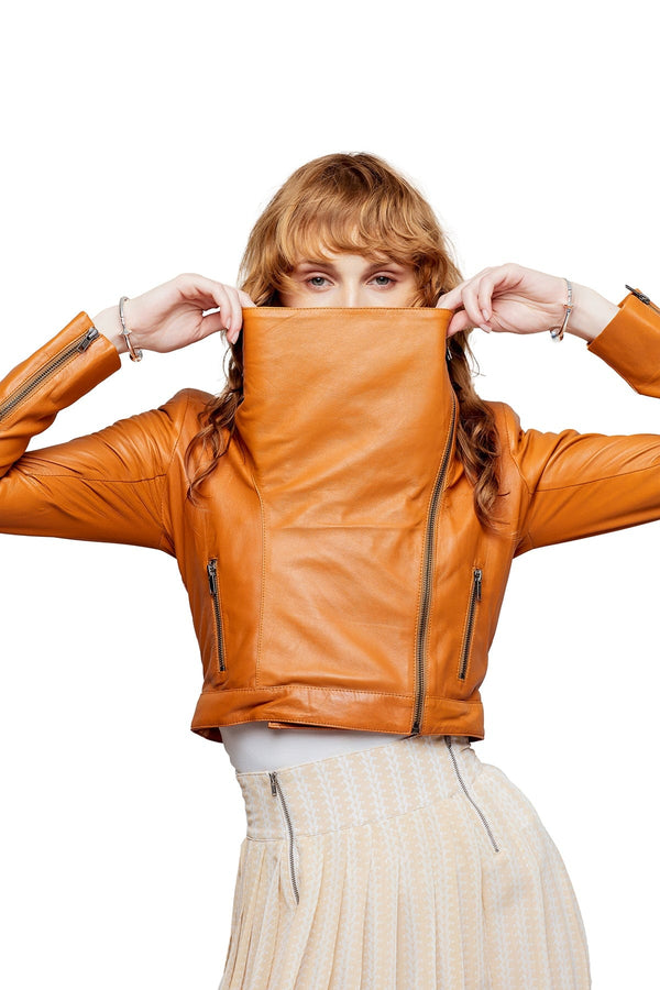 JONNY COTA womens-outerwear SWEDISH ORANGE / XS CROSSOVER LEATHER JACKET IN SAFFRON