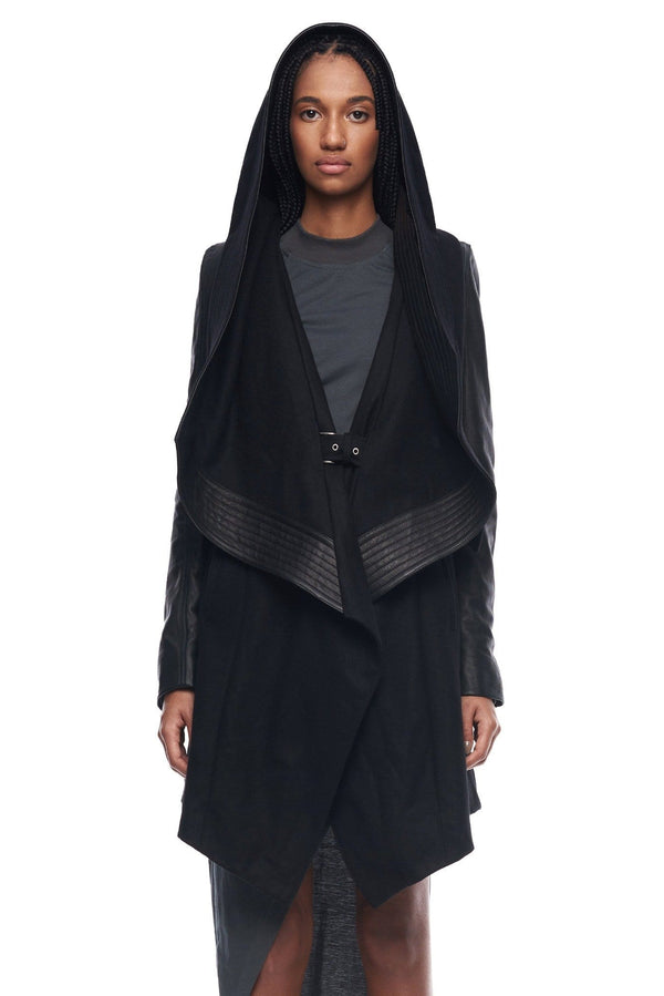 JONNY COTA womens-outerwear XS / BLACK HOODED WOOL COAT