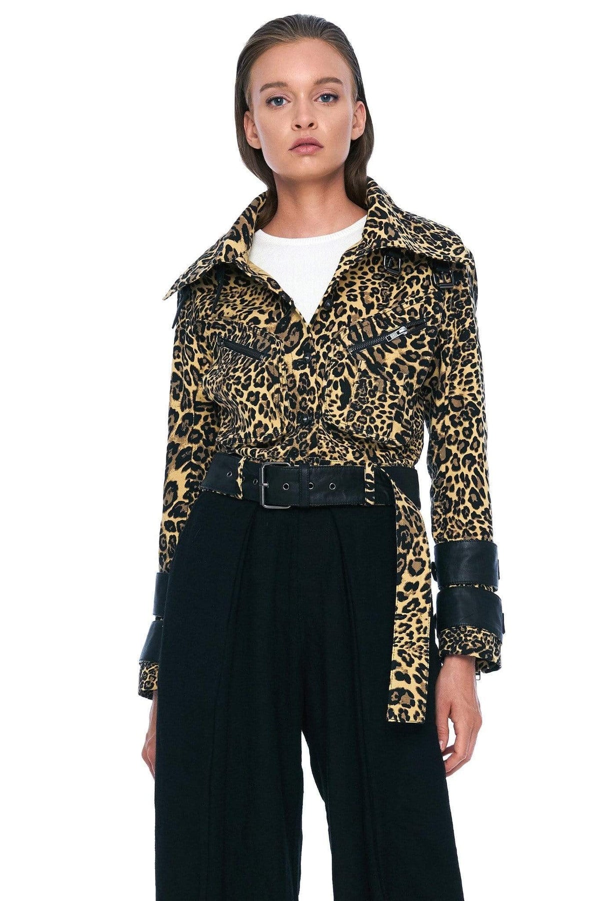 Denim and Leather Belted Moto Jacket in Leopard, M / Leopard Denim and Leather Belted Moto Jacket in Leopard, M / Leopard