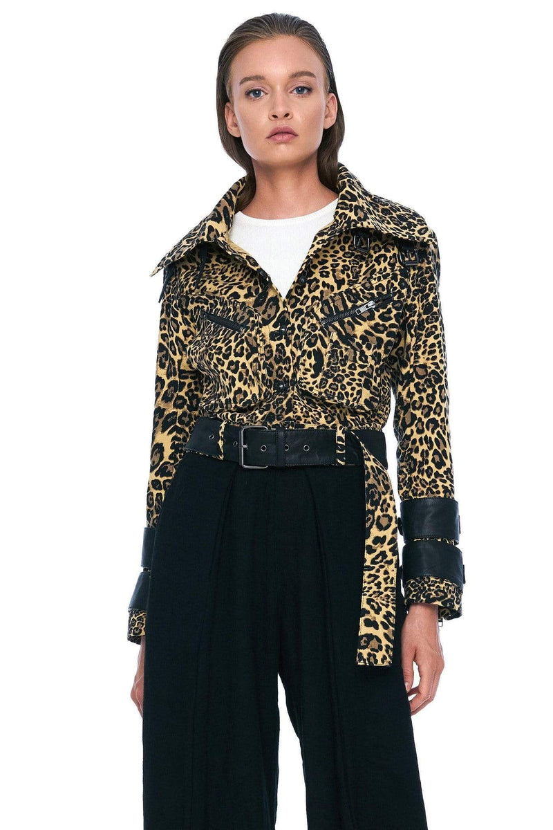 JONNY COTA WOMENS OUTERWEAR XS / LEOPARD DENIM AND LEATHER BELTED MOTO JACKET IN LEOPARD