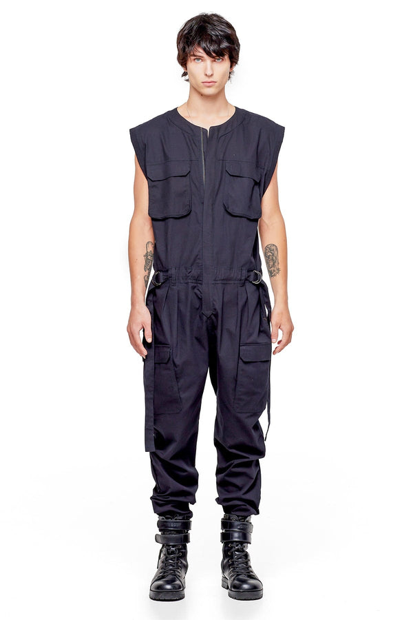 JONNY COTA XS SLEEVELESS CANVAS JUMPSUIT IN BLACK