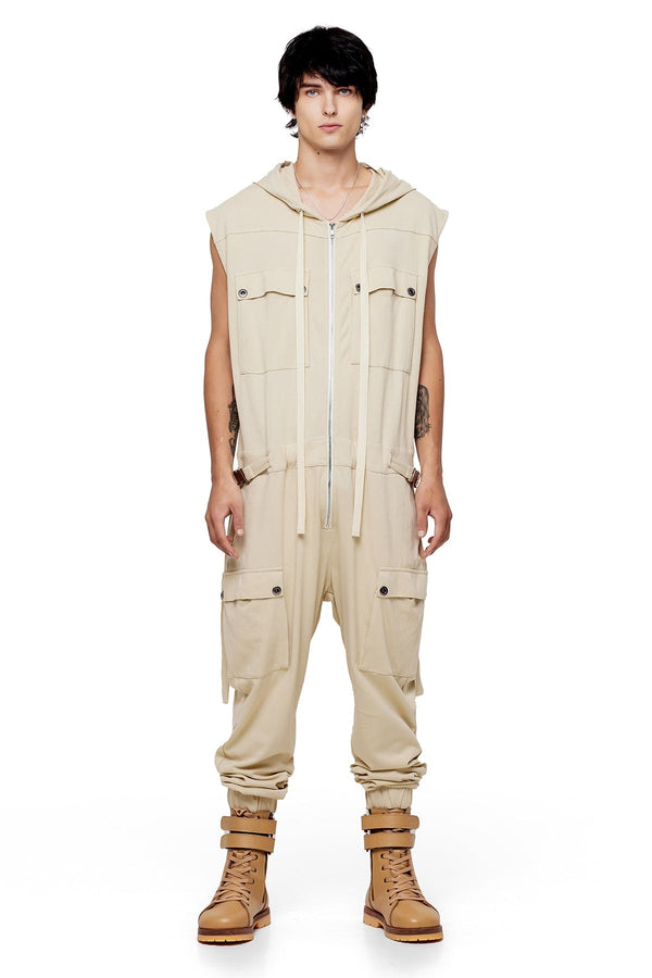 JONNY COTA XS SLEEVELESS HOODIE JUMPSUIT IN BONE